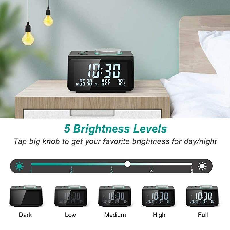 Small Digital Alarm Clock Radio FM RadioDual USB Charging PortsDual Alarms with 7 Alarm SoundsAdjustable VolumeTemperature5 Level Brightness DimmerBattery BackupBedrooms Sleep Timer