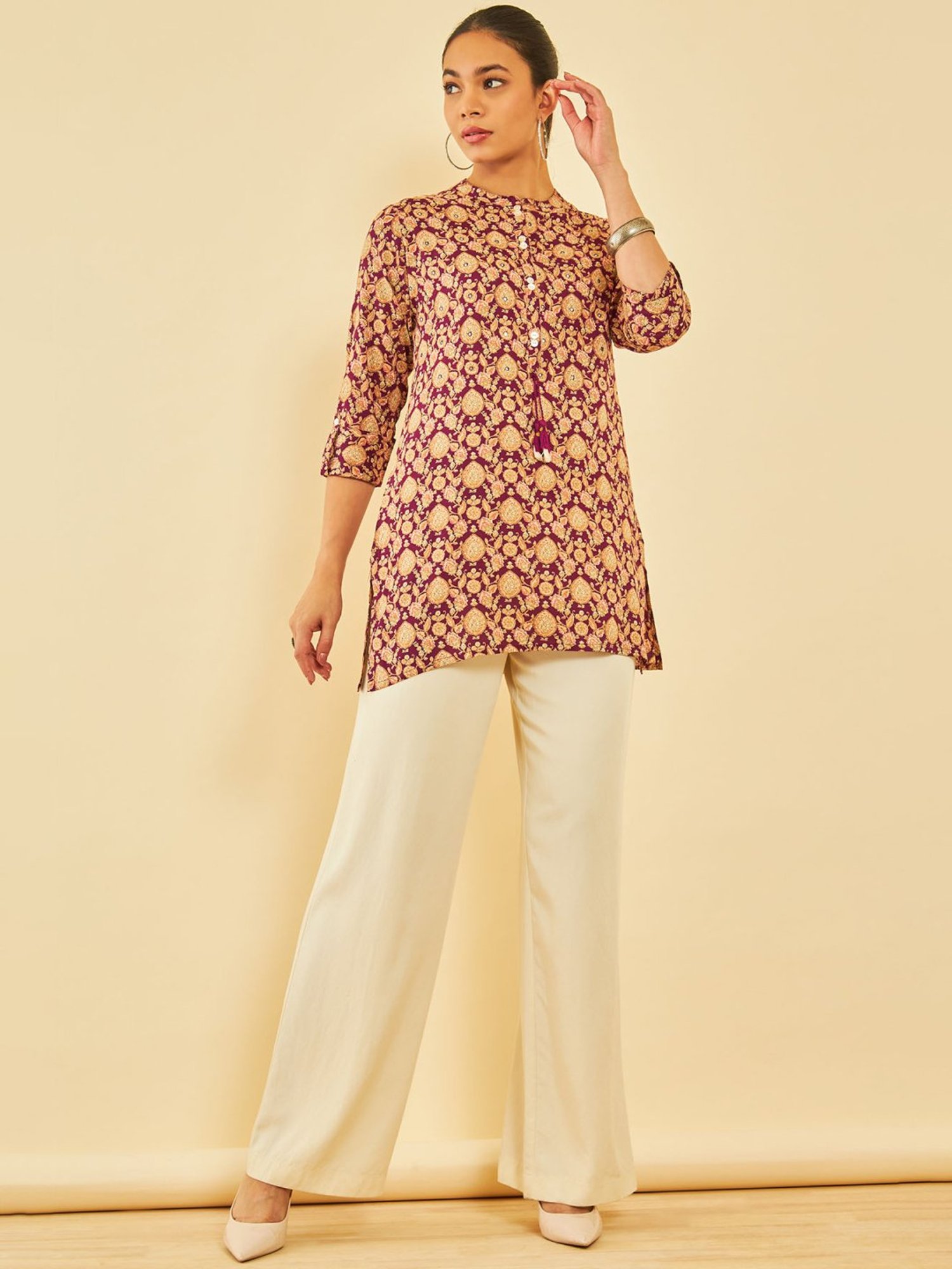 Soch Womens Wine Rayon Floral Printed Tunic With Faux Mirror & Tassels