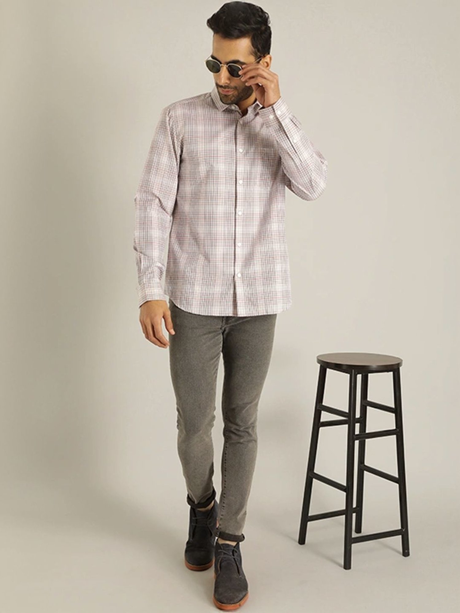 Indian Terrain Pale Pink Slim Fit Checks Shirt