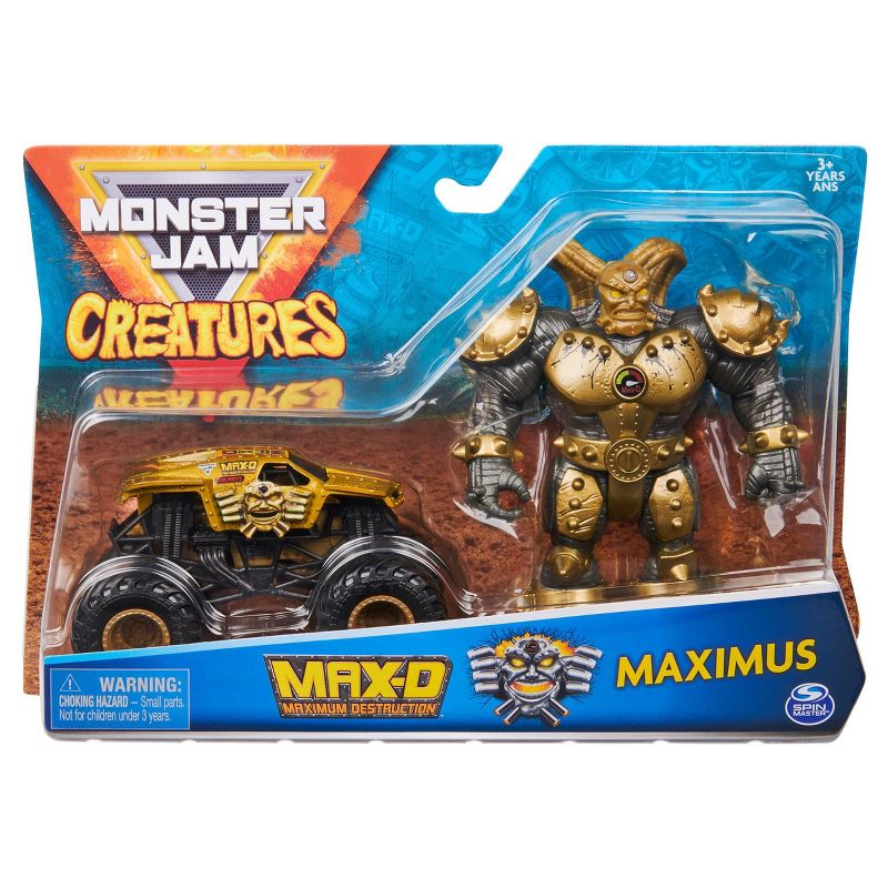 Monster Jam Official Max-D 1:64 Scale Monster Truck and 5" Maximus Creatures Action Figure - Metallic Gold