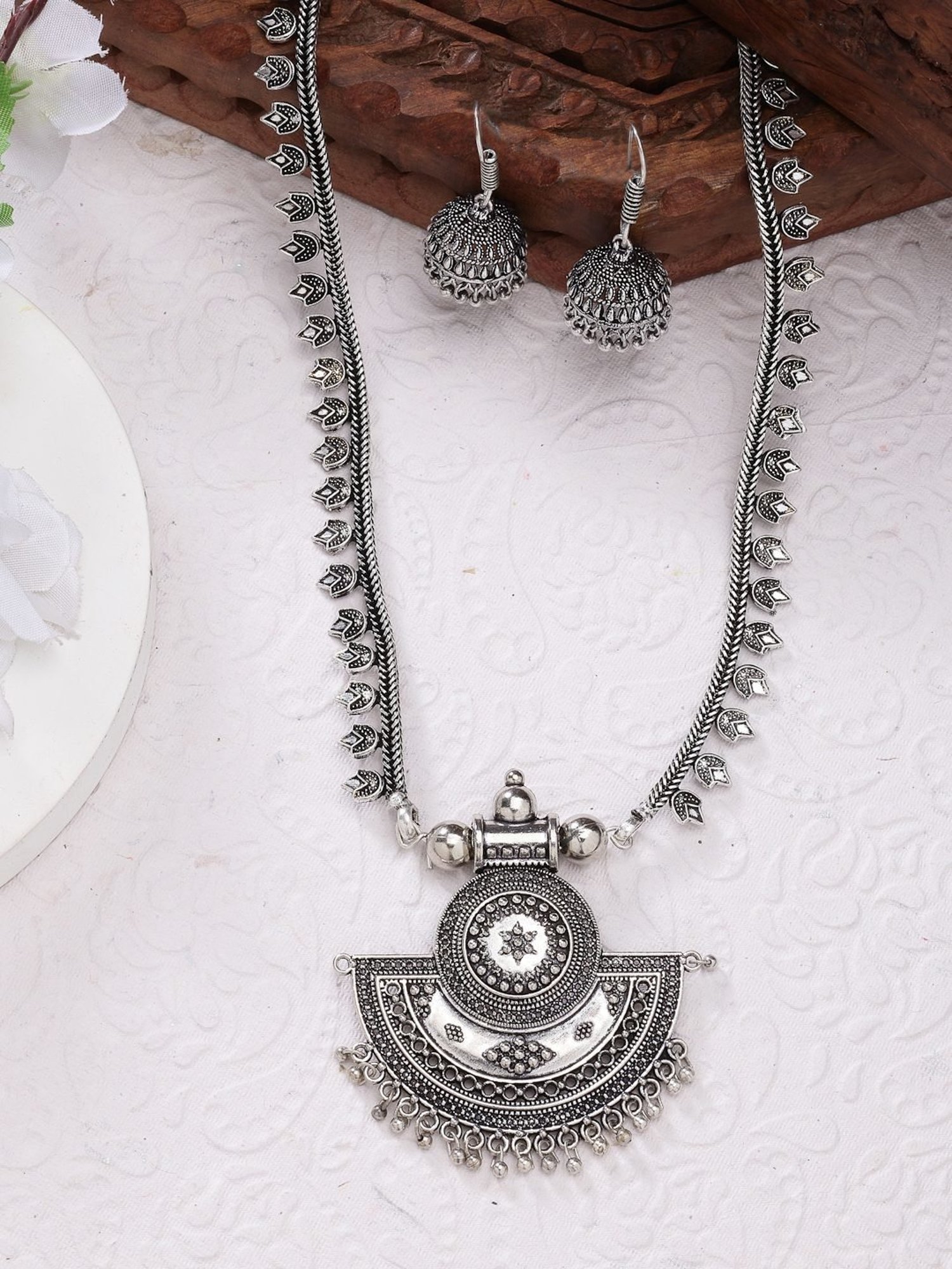 NVR Women Silver-Toned Oxidized Necklace with Jhumki Earrings