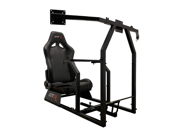 GTR Racing Simulator GTAF-BLK-S105LWHTRD - GTA-F Model (Black) Triple or Single Monitor Stand with White/Red Adjustable Leatherette Seat, Racing Simulator Cockpit gaming chair Single Monitor Stand