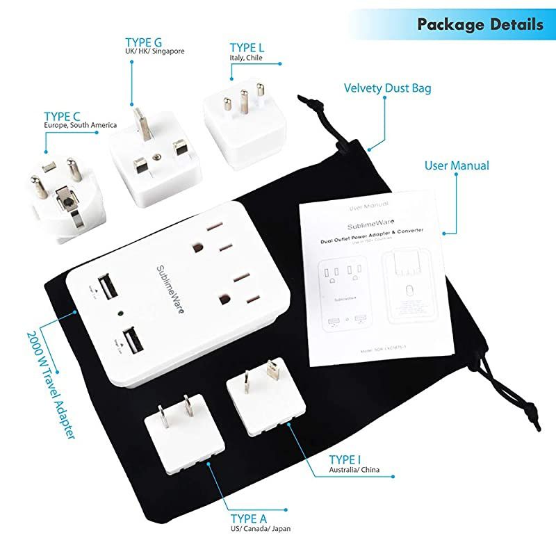 2000 W Travel Adapter Kit w/ 2 USB Ports & Outlets - International Power Adapter Plug Europe US UK Adaptor - 220-110V Adapter - Smart 2.4 A USB Electrical Charger Dual Voltage Device