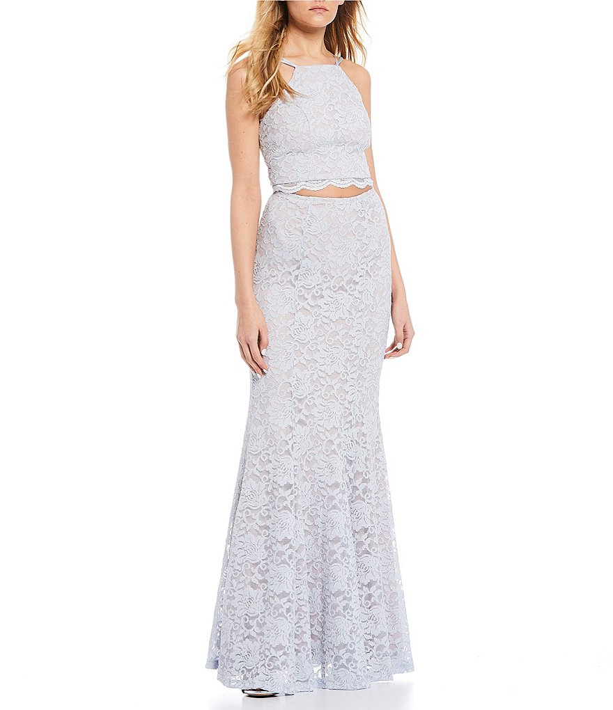 Sequin Hearts Spaghetti Strap Glitter Lace Trumpet Two-Piece Long Dress