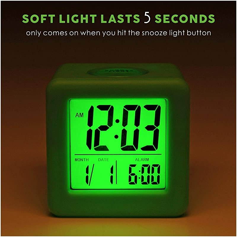 Digital Alarm Clocks Travel Clock with Snooze and Green Nightlight Easy Setting Clock Display Time Date Alarm Ascending Sound Battery Powered Green