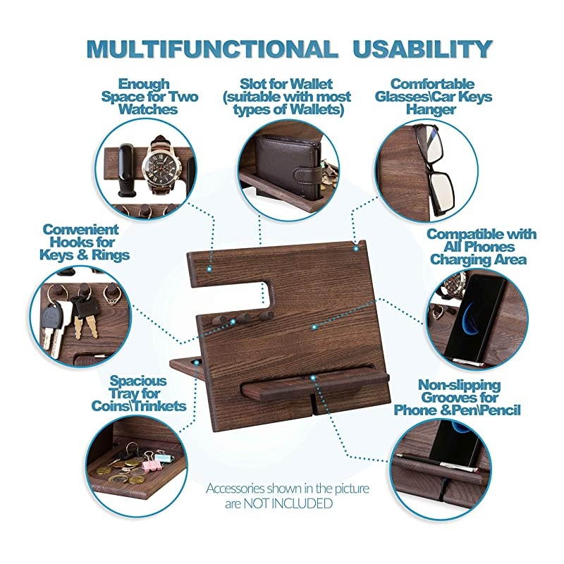 Wood Phone Docking Station Ash Hooks Key Holder Wallet Stand Watch Organizer Men Gift Husband Wife Anniversary Dad Birthday Nightstand Purse Tablet Father Graduation Male