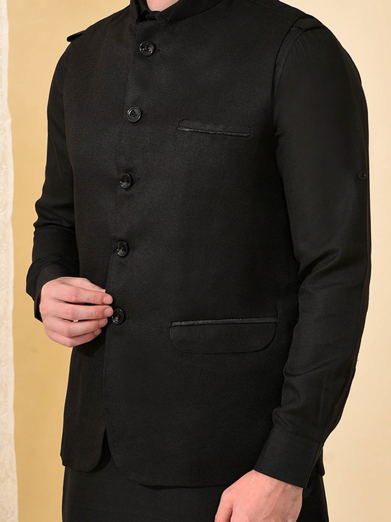 Hangup Black Regular Fit Pathani Kurta & Pyjamas With Nehru Jacket