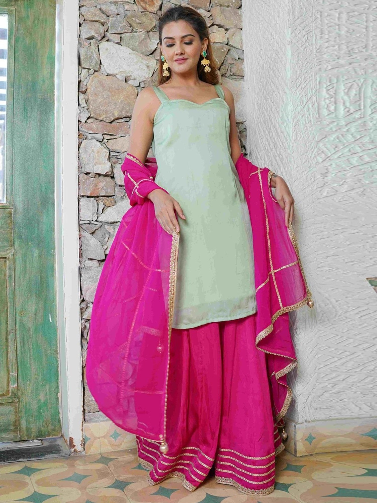 HOUSE OF JAMOTI Green & Pink Kurti Sharara Set With Dupatta