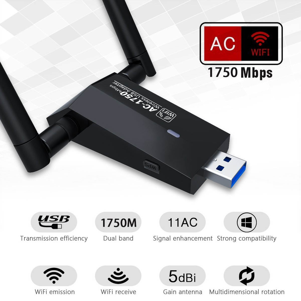 1750Mbps Wireless USB Wifi Adapter, AC1750 Dual Band 2.4GHz/450Mbps 5GHz/1300Mbps wifi Lan Card,802.11 ac/a/b/g/n, Dual High Gain Dual 5dBi Antennas Network dongle for Windows XP/7/8/10,MAC OS X