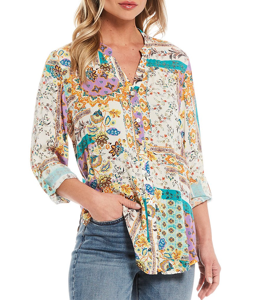 Figueroa & Flower Roxy Patchwork Print Roll-Tab Sleeve Button Down Tie-Front Top