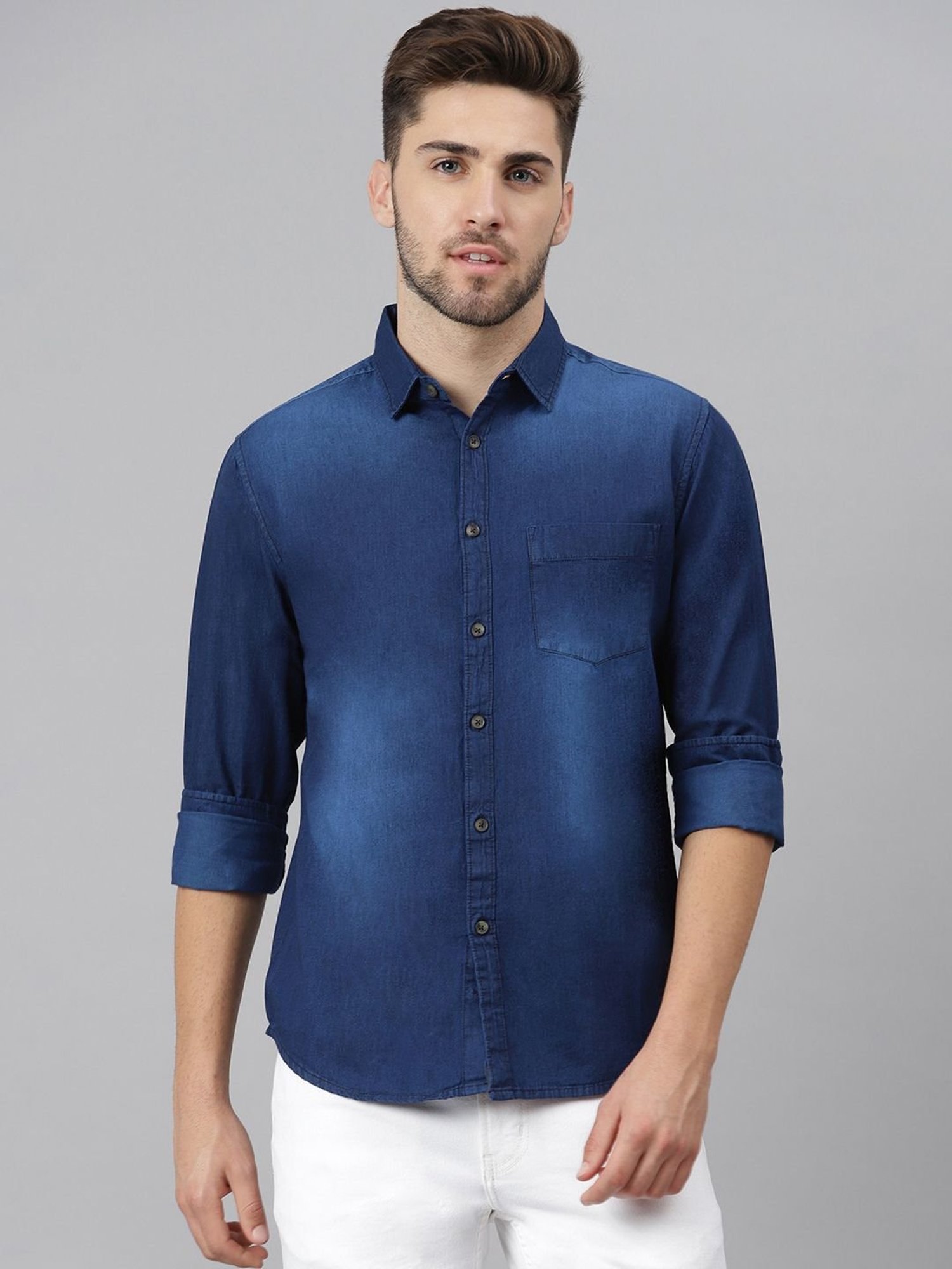 Dennis Lingo Navy Cotton Slim Fit Denim Shirt