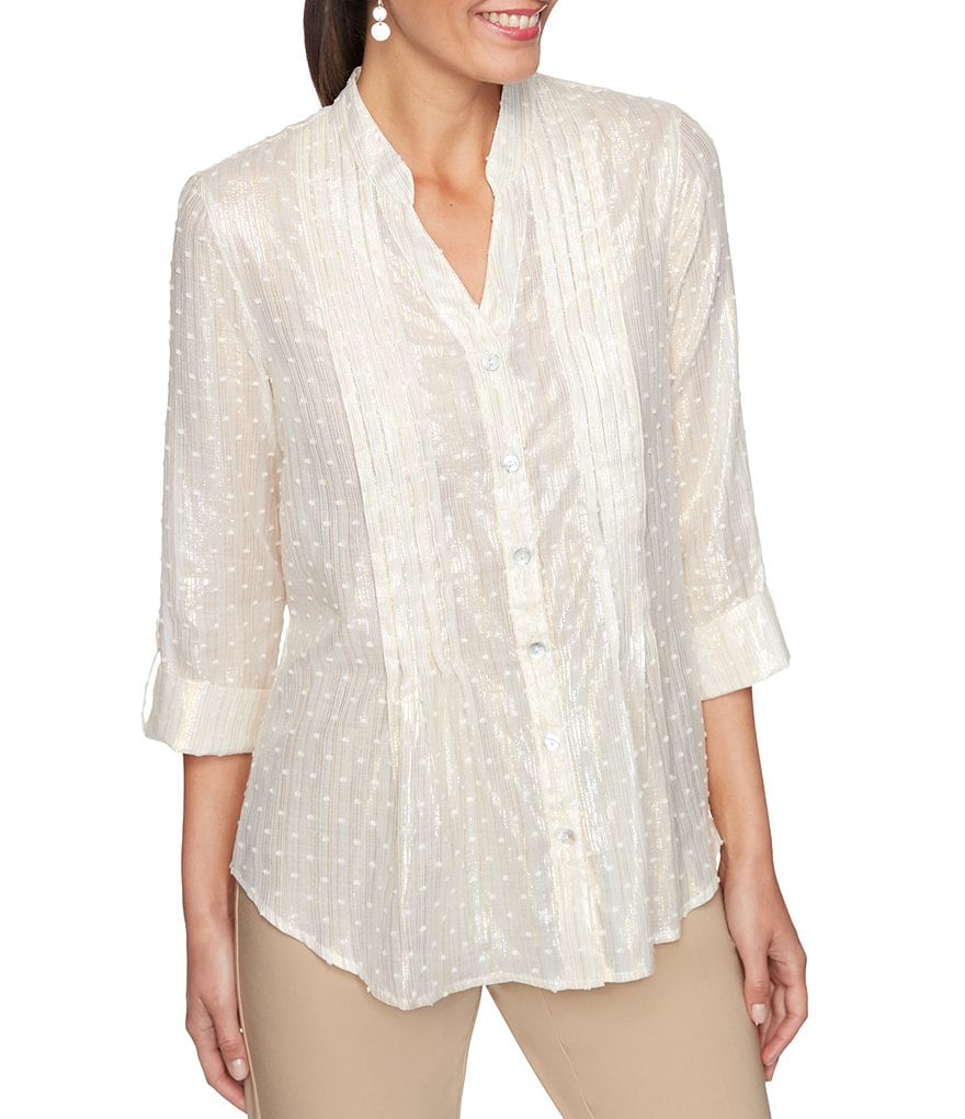 Calessa Petite Size Matte Jersey Knit Button Front Roll Tab Blouse