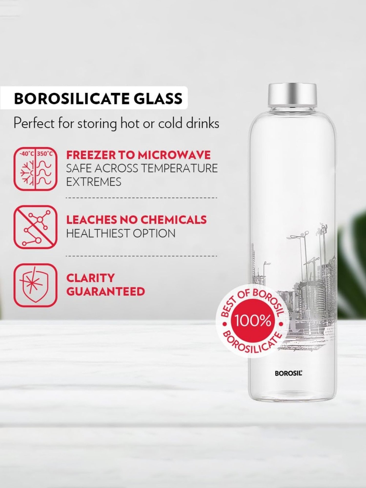 Borosil Water Bottle with Fridge Safe & Leakproof (Transparent, 1000 ml)