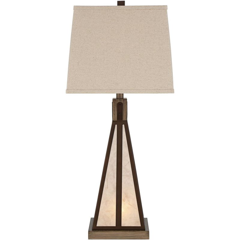 Franklin Iron Works Rustic Industrial Table Lamp with USB Port Nightlight Oiled Bronze Mica Tapered Rectangular Burlap Living Room