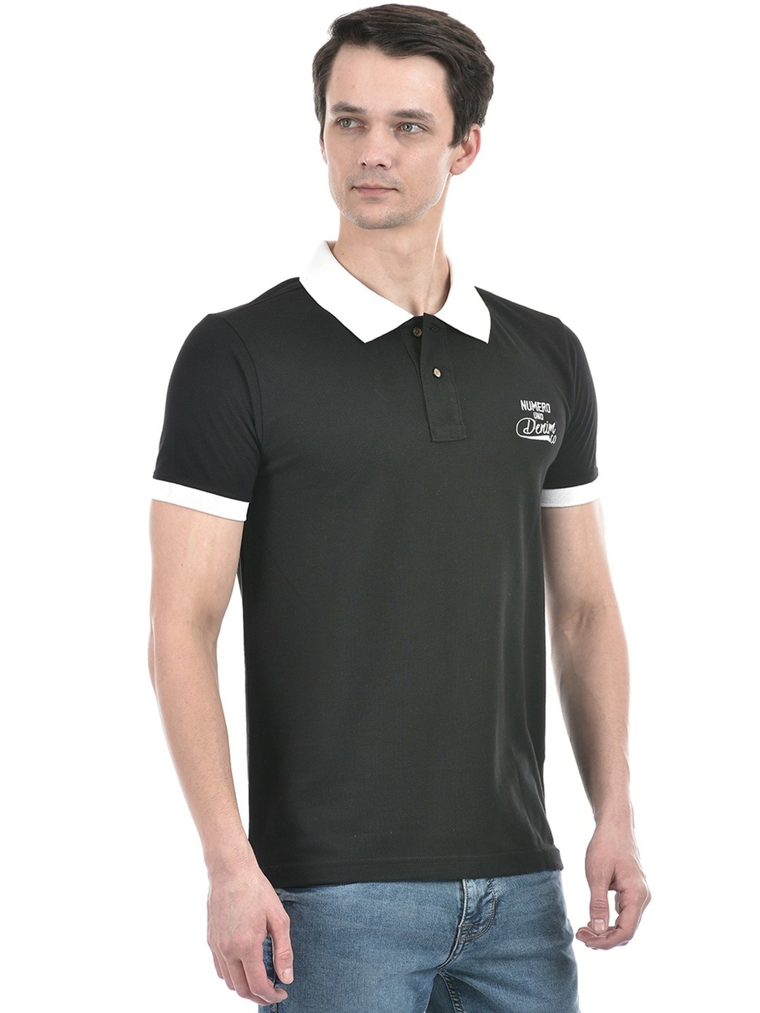 Numero Uno Black Cotton Slim Fit Polo T-Shirt