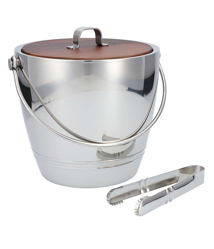 Crafthouse by Fortessa Stainless Steel Round Ice Bucket with Wood Lid and Tongs