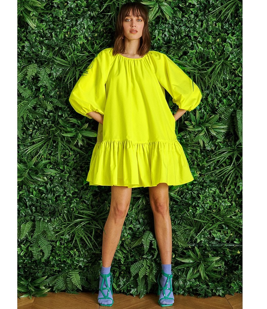 LDT Rachel Jewel Neck Ruffled Poof Swing Dress