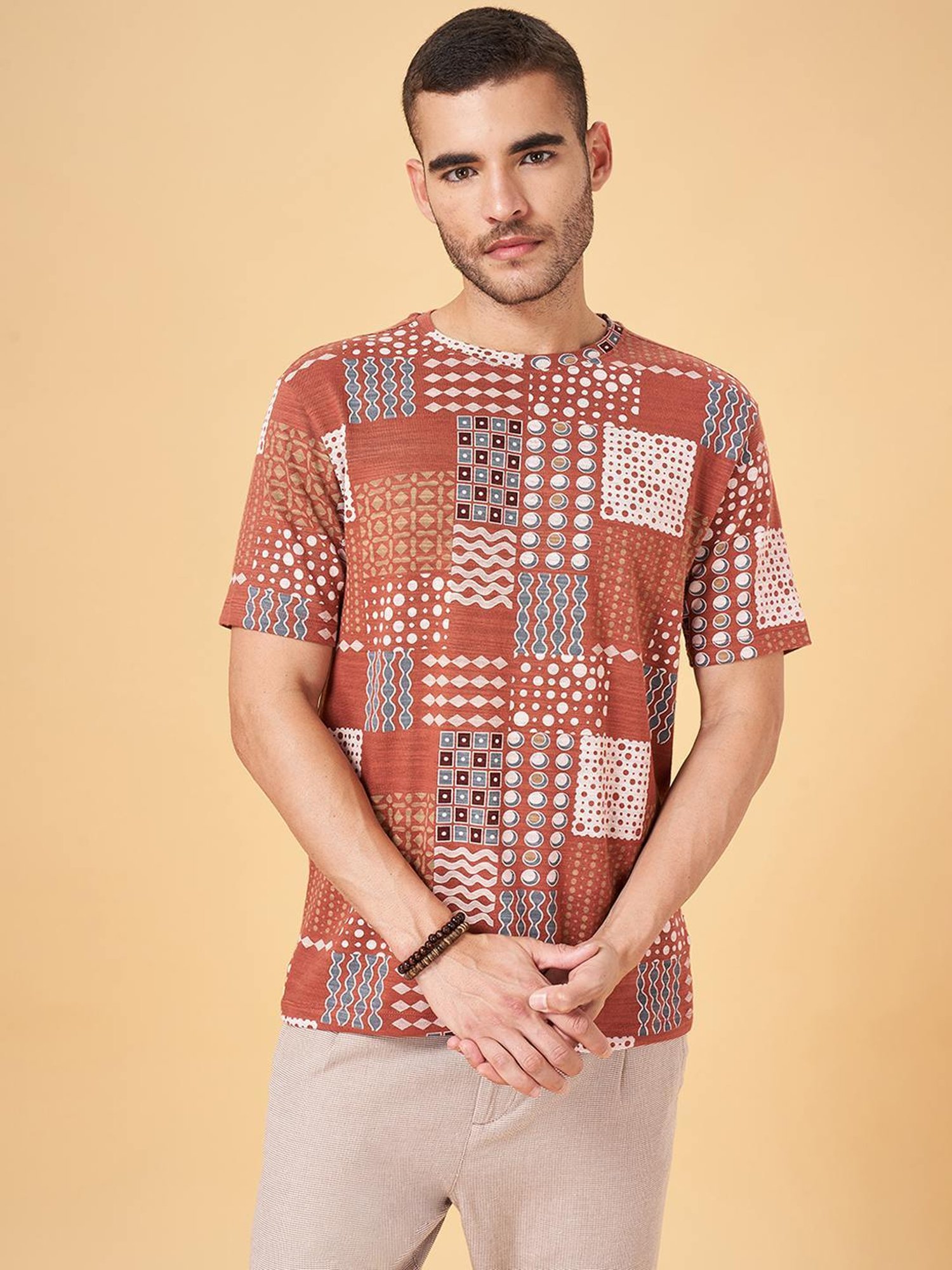 7 Alt by Pantaloons Rusty Orange Cotton Relaxed Fit Printed T-Shirt