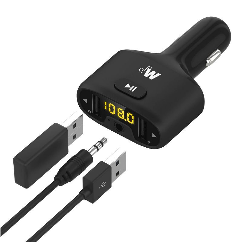 Just Wireless FM Transmittr (3.5mm)  with 2.4A/12W 2-Port USB Car Charger - Black