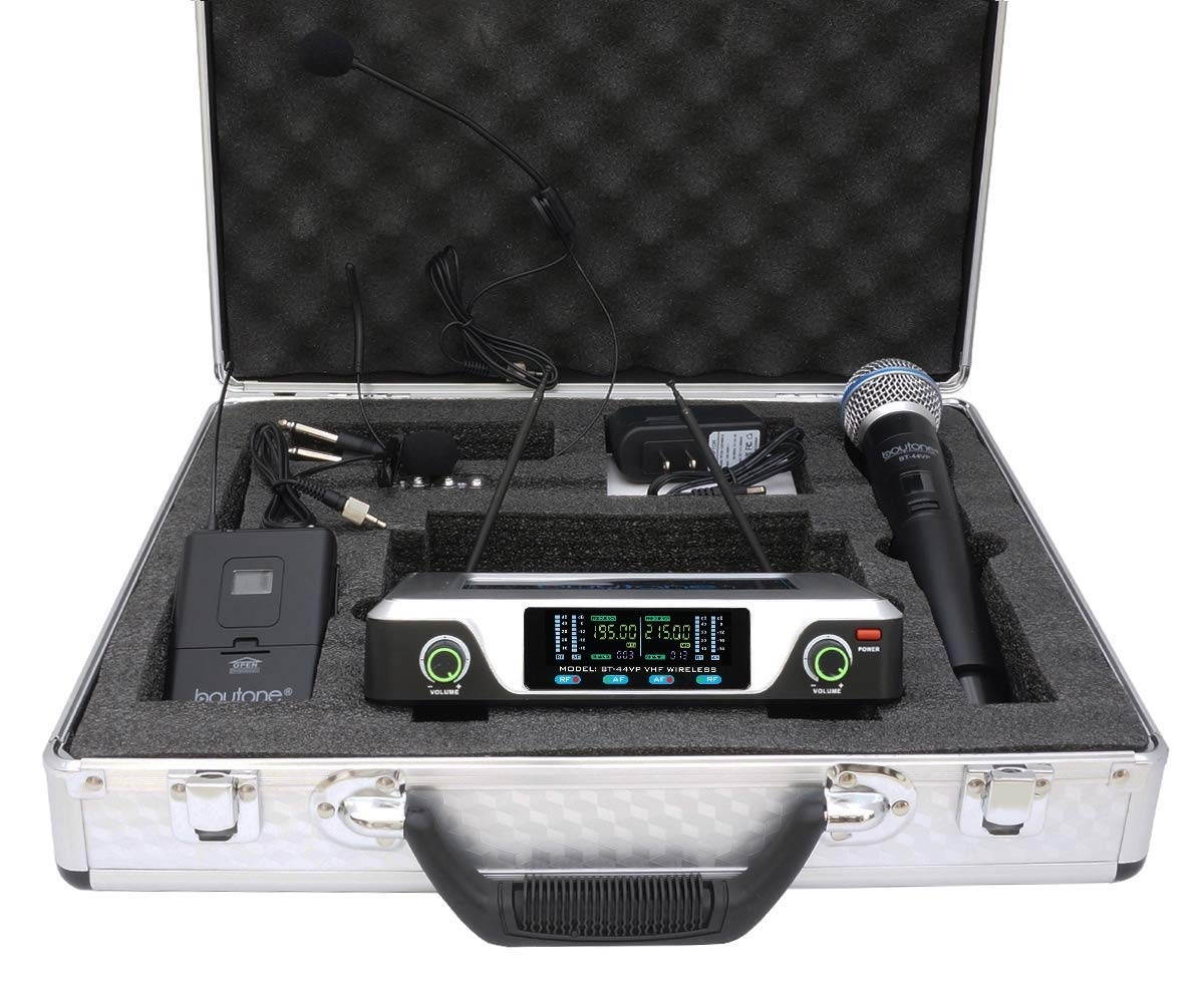 Boytone BT-44VP Dual Digital Channel Wireless Microphone plus Headset Mic Set System - VHF Fixed Frequency Wireless Mic