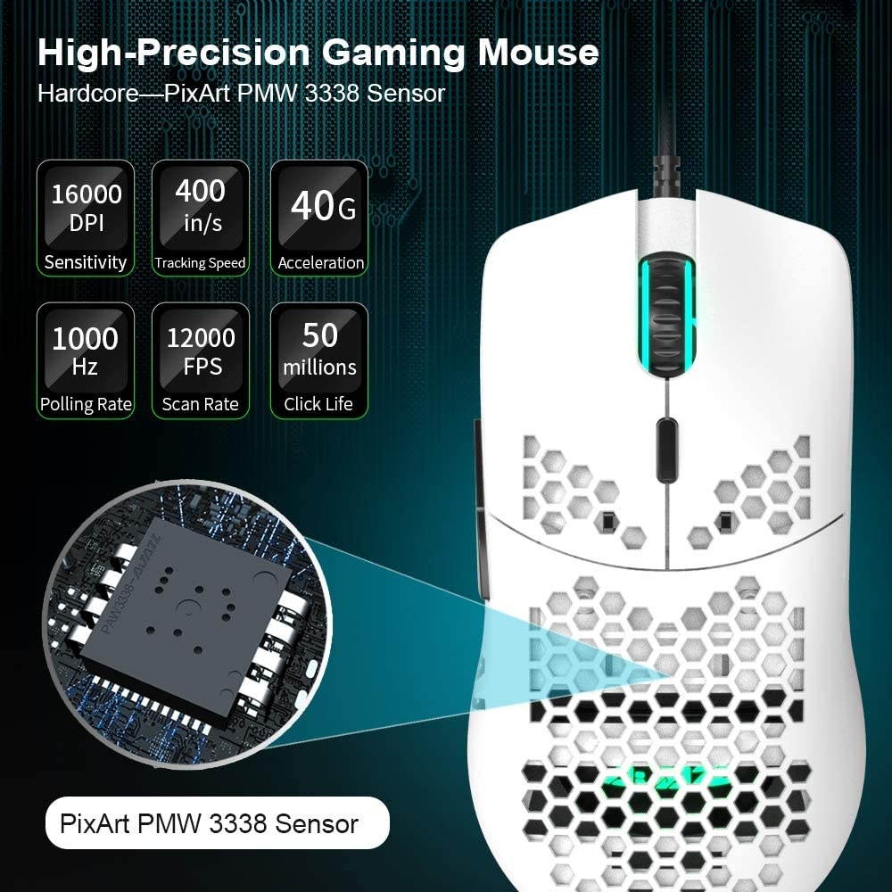 69G USB Wired Gaming Mouse with Lightweight Honeycomb Shell - RGB Chroma LED Light - Programmable 7 Buttons - Pixart 3338 16000 DPI Optical Sensor