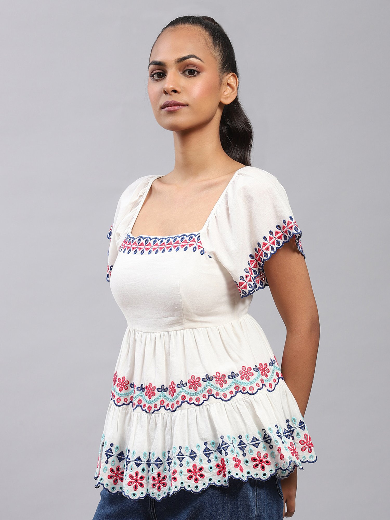 Label Ritu Kumar Off White Embroidered Peplum Top