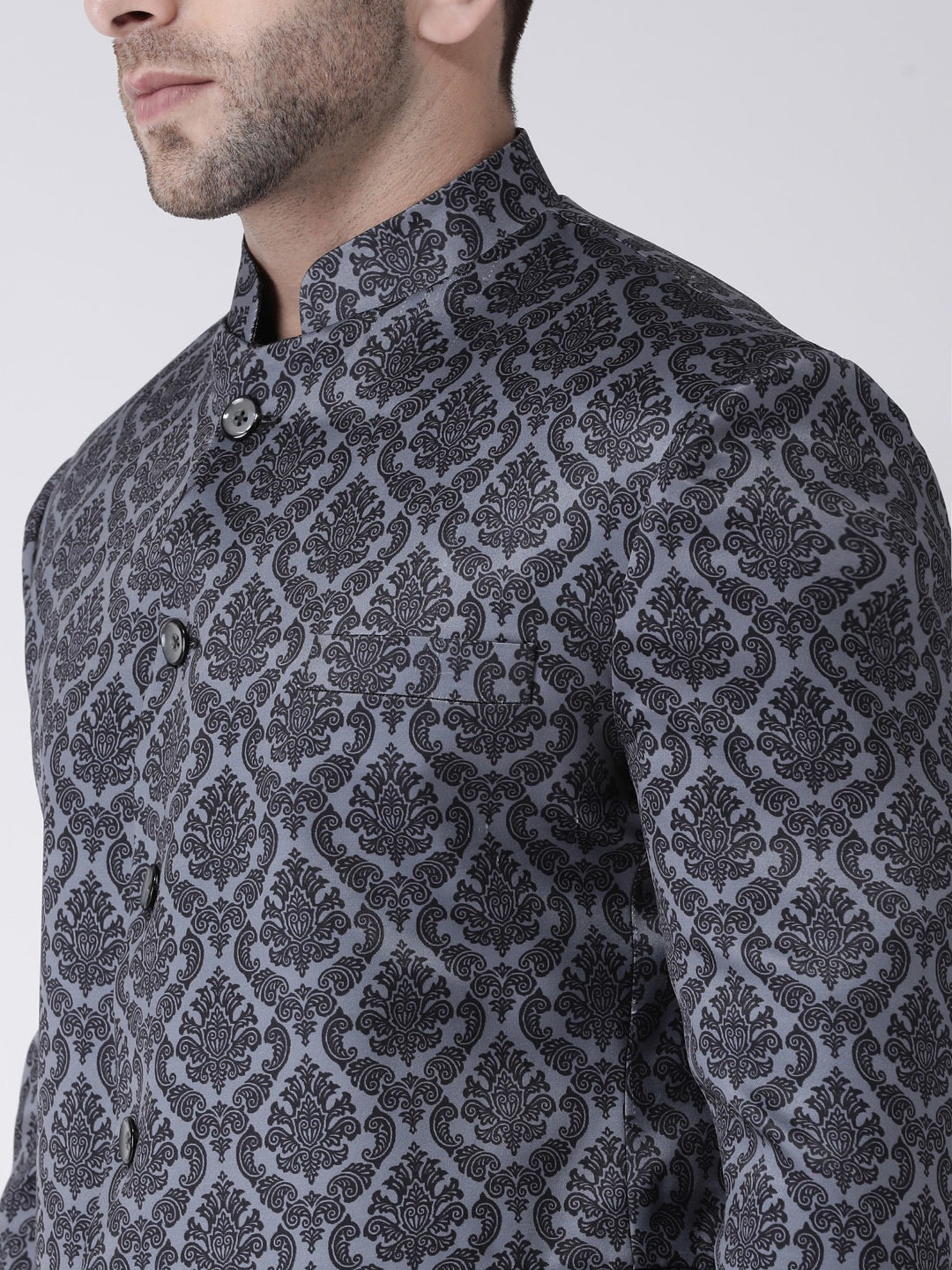 Hangup Plus Black Regular Fit Printed Ethnic Blazer