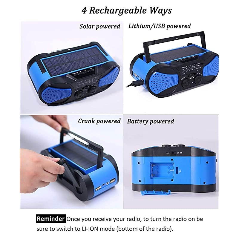 Hurricane Radio Weather RadioWaterproof Hand Crank SolarBattery Powered 4000mAh AMFMNOAASOS AlertPortable Emergency Cellphone ChargerMusic SpeakerFlashlight Reading LampBlue
