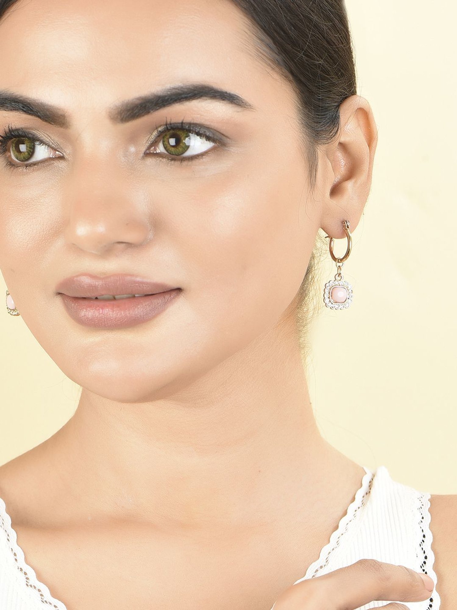 Toniq Pink Gold-Plated Square CZ Stone Studded Drop Earrings for Women