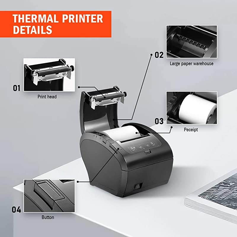 POS Printer, Receipt Printer USB Ethernet 80MM Thermal Printer P047, Impresora termica, Black Supermarket POS Kitchen Printer with Auto Cutter Support Cash Drawer ESC/POS Windows System