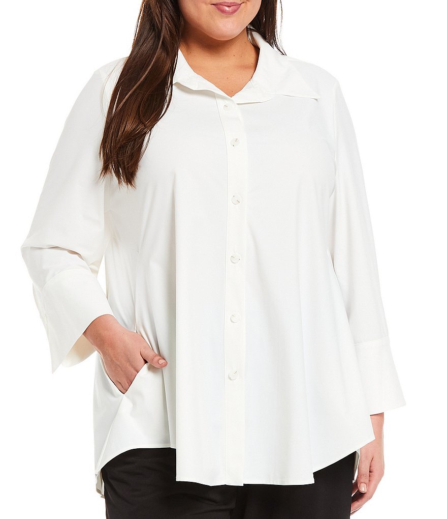 IC Collection Plus Size Fold Down Point Collar Neck Long Sleeve Button Front Blouse