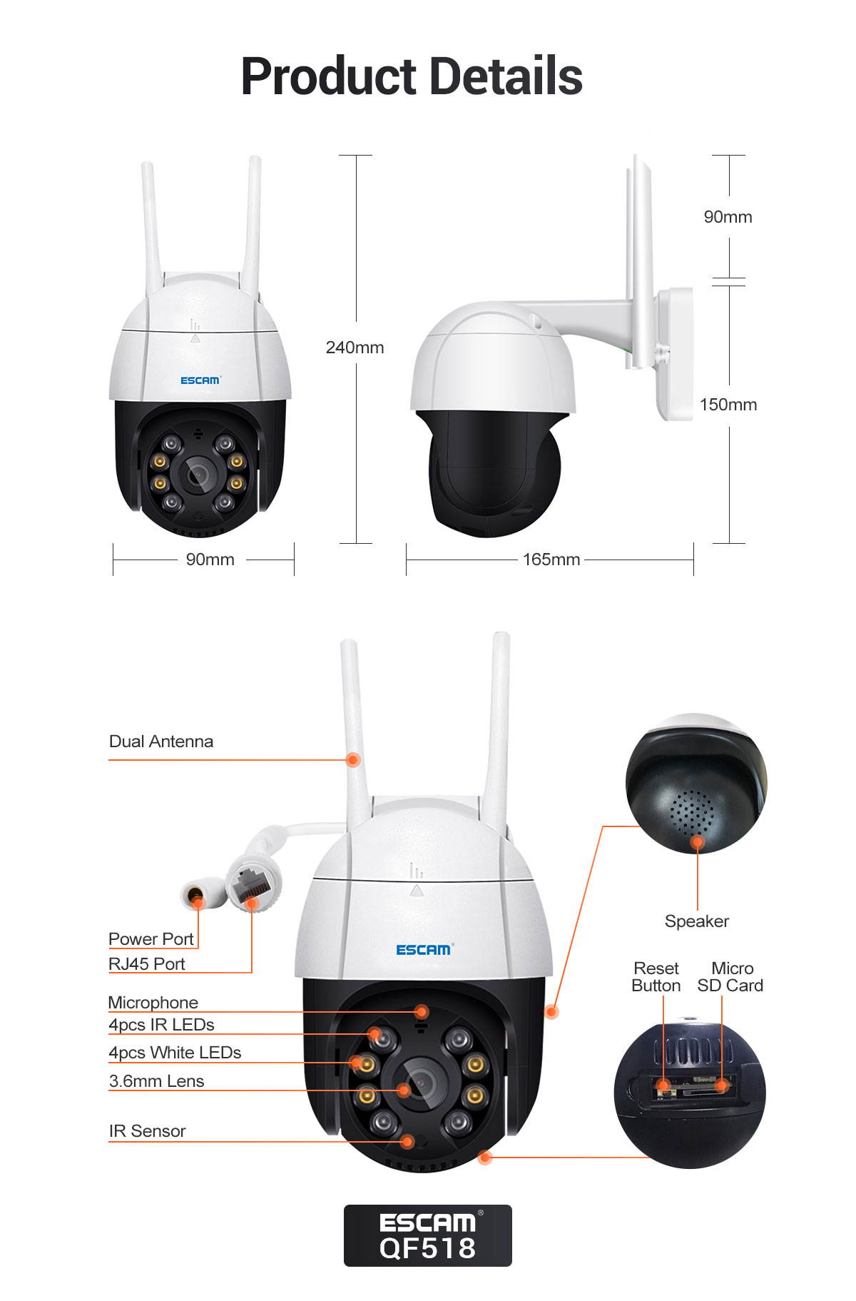 ESCAM QF518 5MP Pan/Tilt AI Humanoid Detection Auto Tracking Cloud Storage Waterproof WiFi IP Camera with Two Way Audio Night Vision