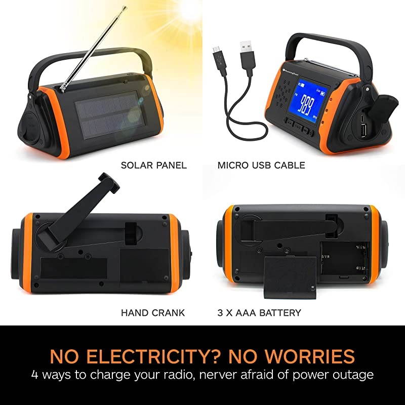 NOAA Weather Crank Solar Powered Portable Radio with 4000mAh Battery Power for Cell Phone Bright Flashlight for Household and Outdoor Survival 097Orange