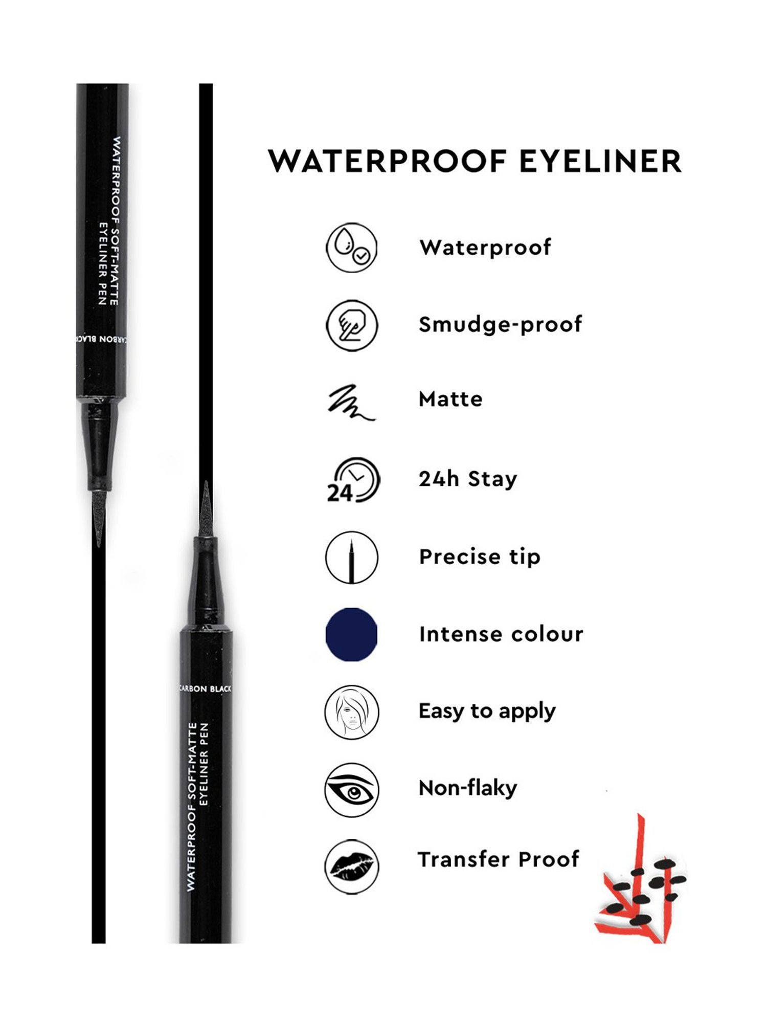 Kiro Beauty Liquid Waterproof Soft Eyeliner Pen Matte Carbon Black - 1.1 ml
