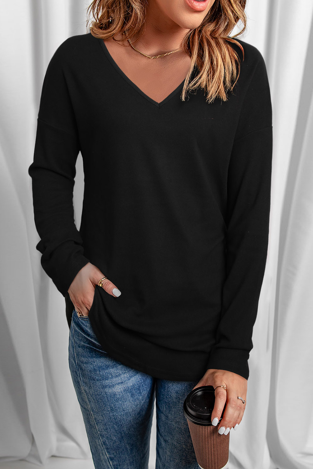 Blank Sweatshirt - Black Casual V Neck Long Sleeve Shirt Customized