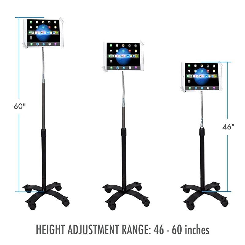 Compact Security Height-Adjustable Rotating Tablet Stand with Gooseneck, Locking Wheels for 7-14&rdquo; Tablets/iPad 10.2-Inch (7th & 8th Gen), iPad Pro 12.9 (Gen. 3), iPad Air 3 & More, Black