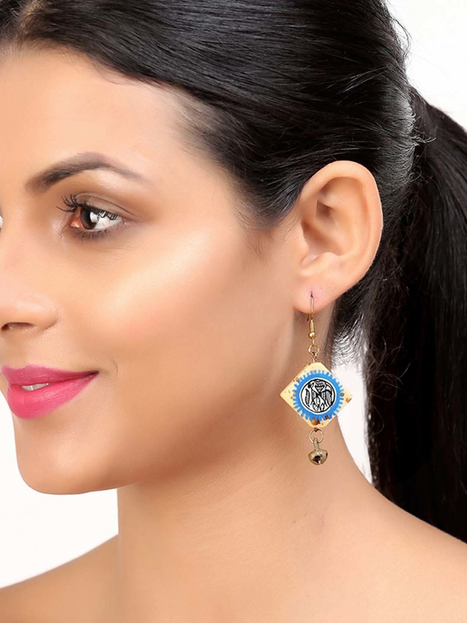 ExclusiveLane 'Tribal Warli Squares' Blue & Ivory Brass Resin Earrings Handpainted in Warli Art