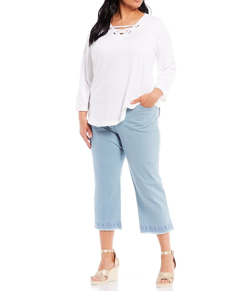 Ruby Rd. Plus Size Stretch Soft Denim Embroidered Frayed Hem Capri Jeans