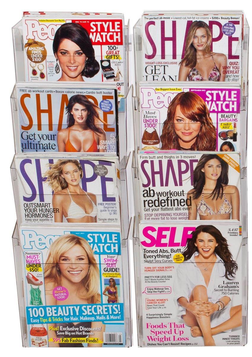 Tiered Magazine Rack for Wall Mount Use, 8 Pockets, 2 Columns of 4, Half View - Clear Acrylic (RM9HF2COL)