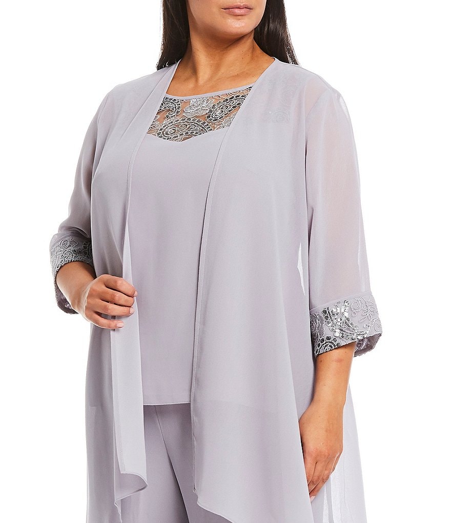 Le Bos Plus Size Crew Neck 3/4 Sleeve Chiffon Embroidered 3-Piece Pant Set