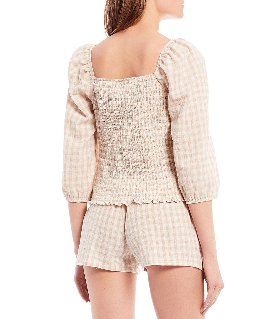I.N. San Francisco Coordinating 3/4 Puff Sleeve Gingham Top