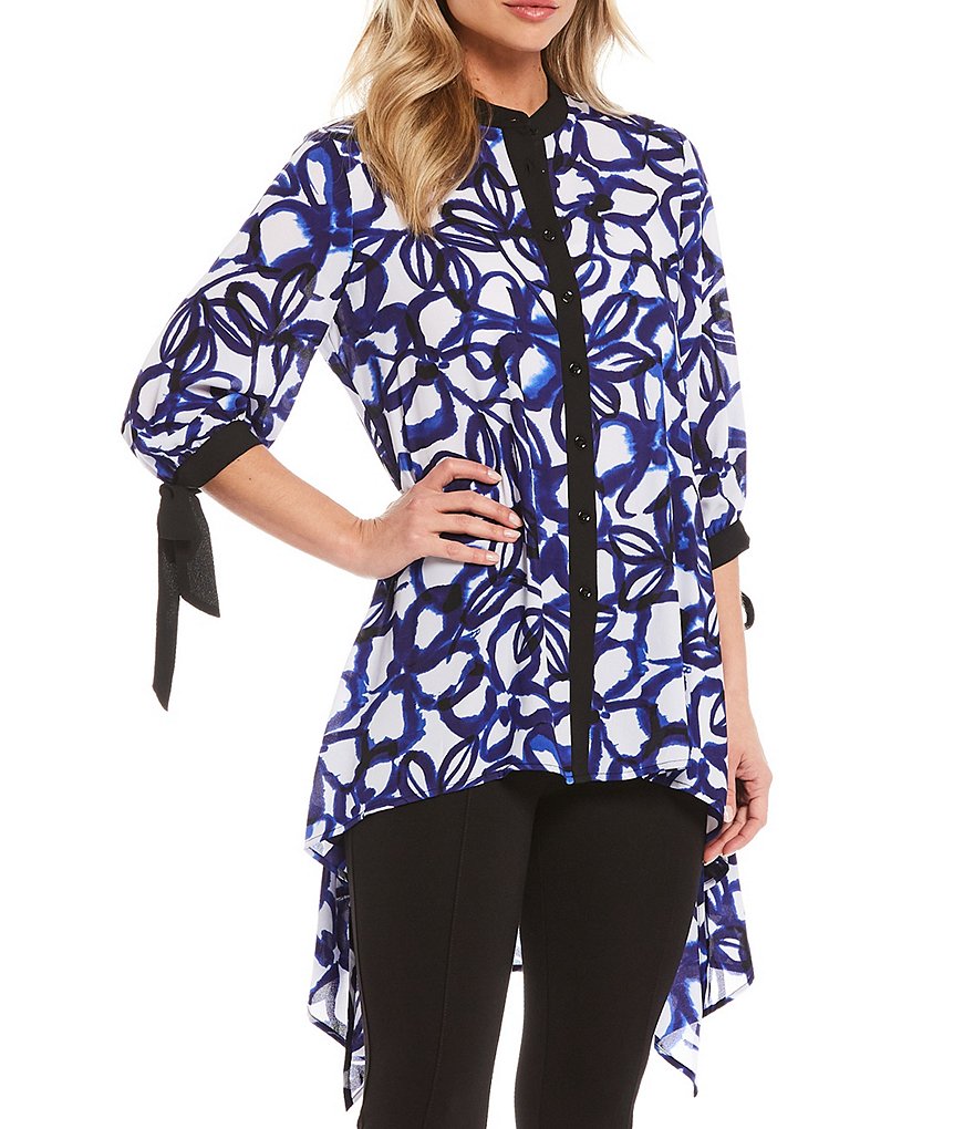 Slim Factor By Investments Tie Dye Floral Print Georgette Tie-Cuffs 3/4 Sleeve Hi-Low Button Down Tunic