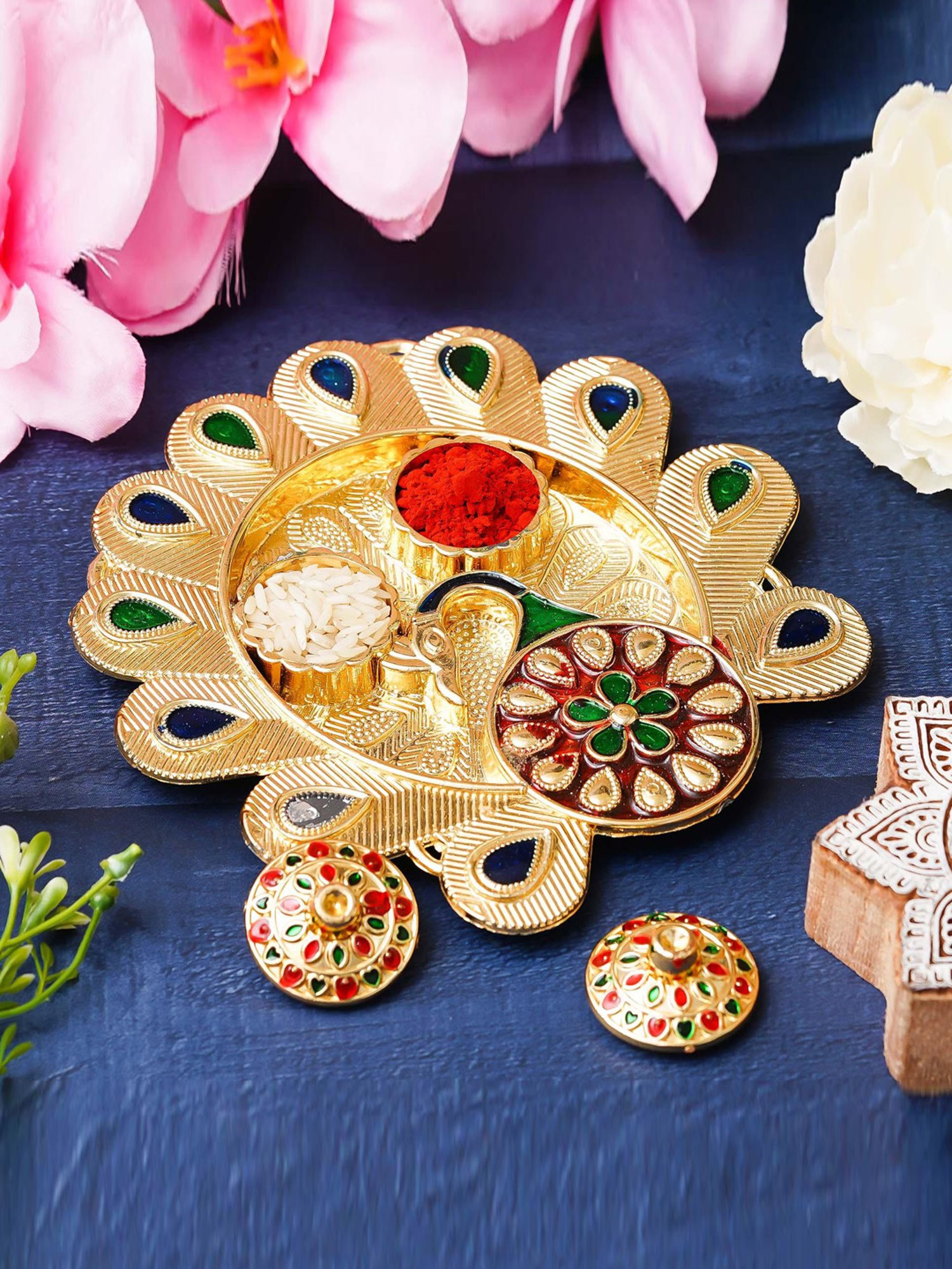 eCraftIndia Beautiful Peacock Feather Decorative Pooja Thali for Diwali, Navratri