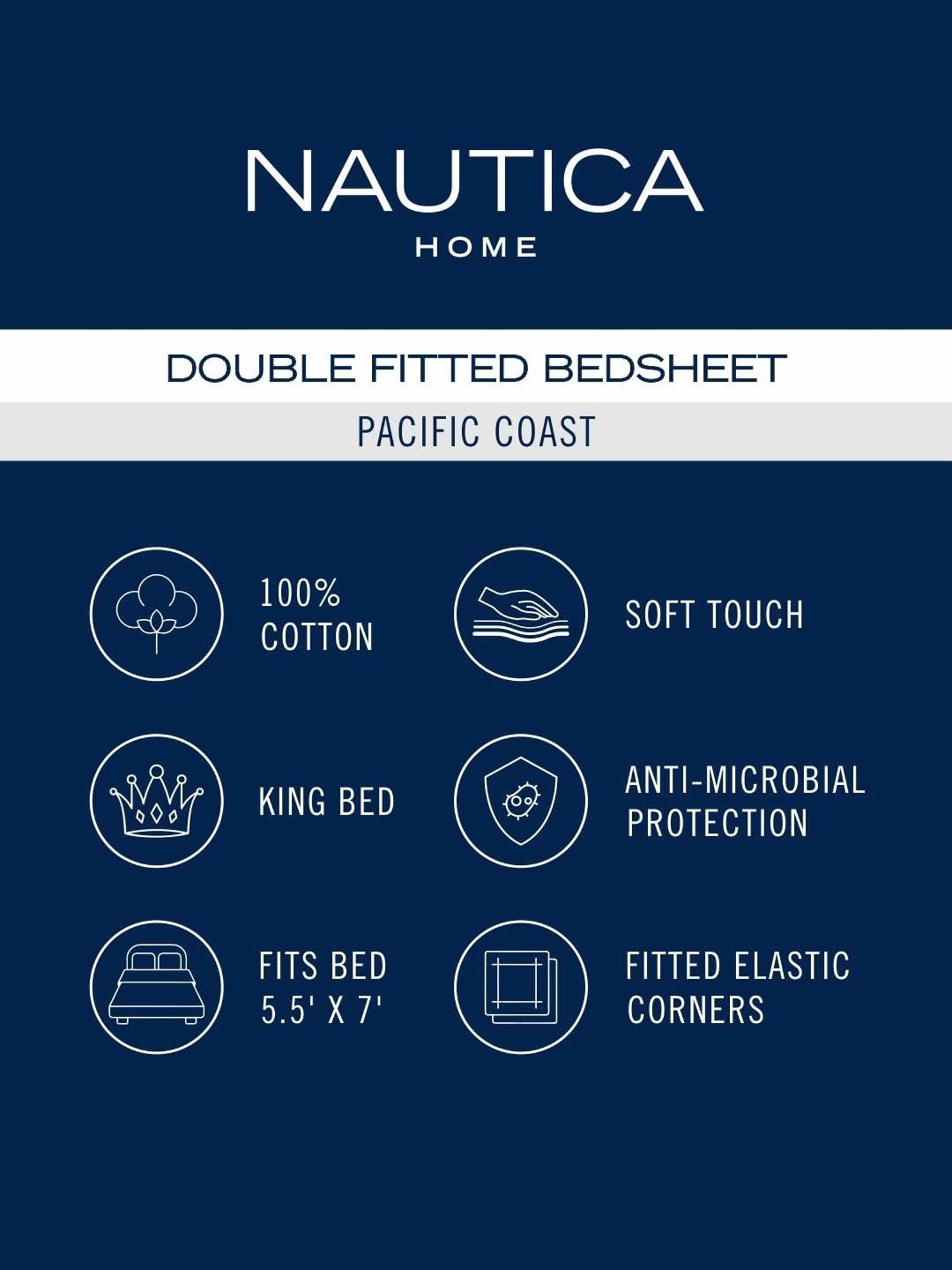NAUTICA Pacific Coast Black & Blue Cotton 160 TC King Fitted Bedsheet with 2 Pillow Cover