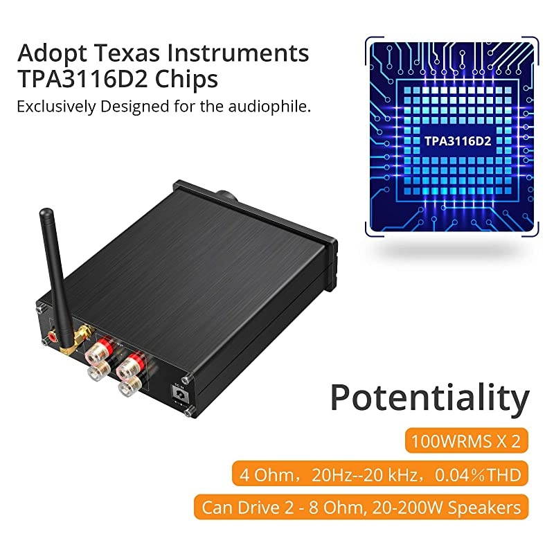 Bluetooth 50 Stereo Audio 2 Channel Amplifier Receiver Mini HiFi Class D Integrated Amp 20CH for Home Speakers 100W x 2 with Bass and Treble Control