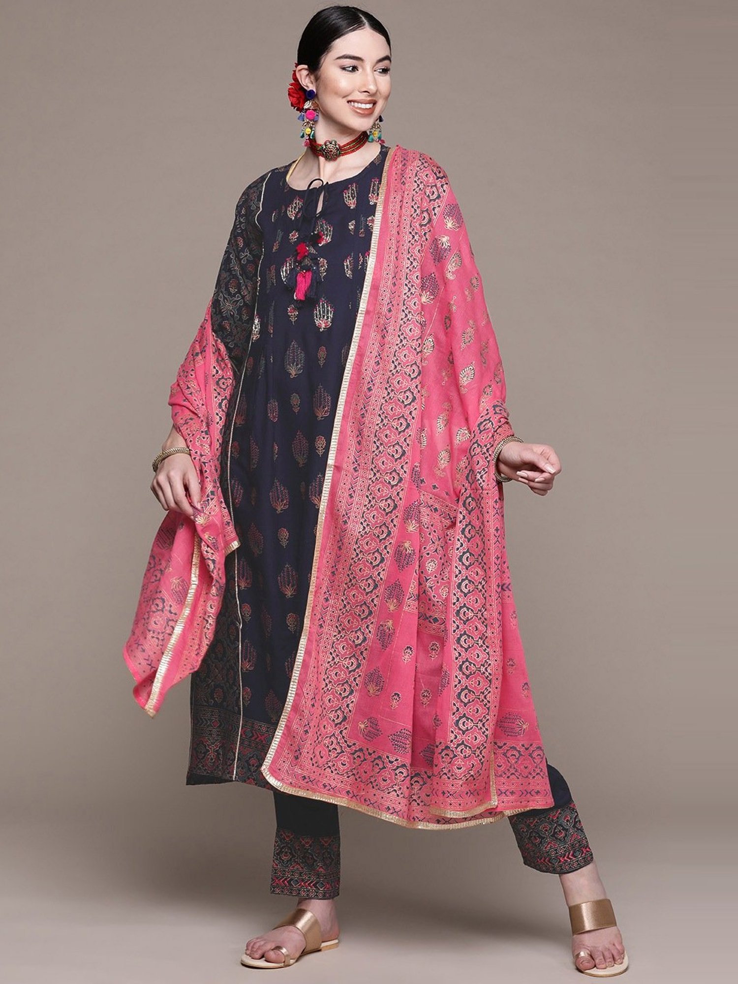 Anubhutee Navy Embellished Kurta Palazzo Set With Dupatta