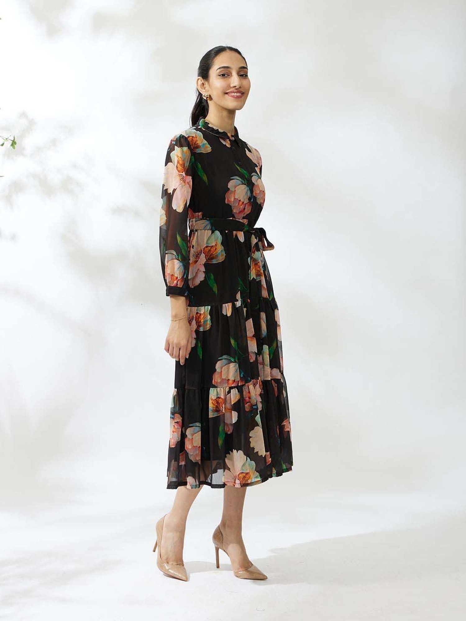 Daali Black Floral Print A-Line Dress