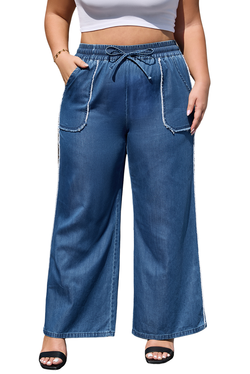 Dark Blue Plus Size Stitching Washed Flare Jeans