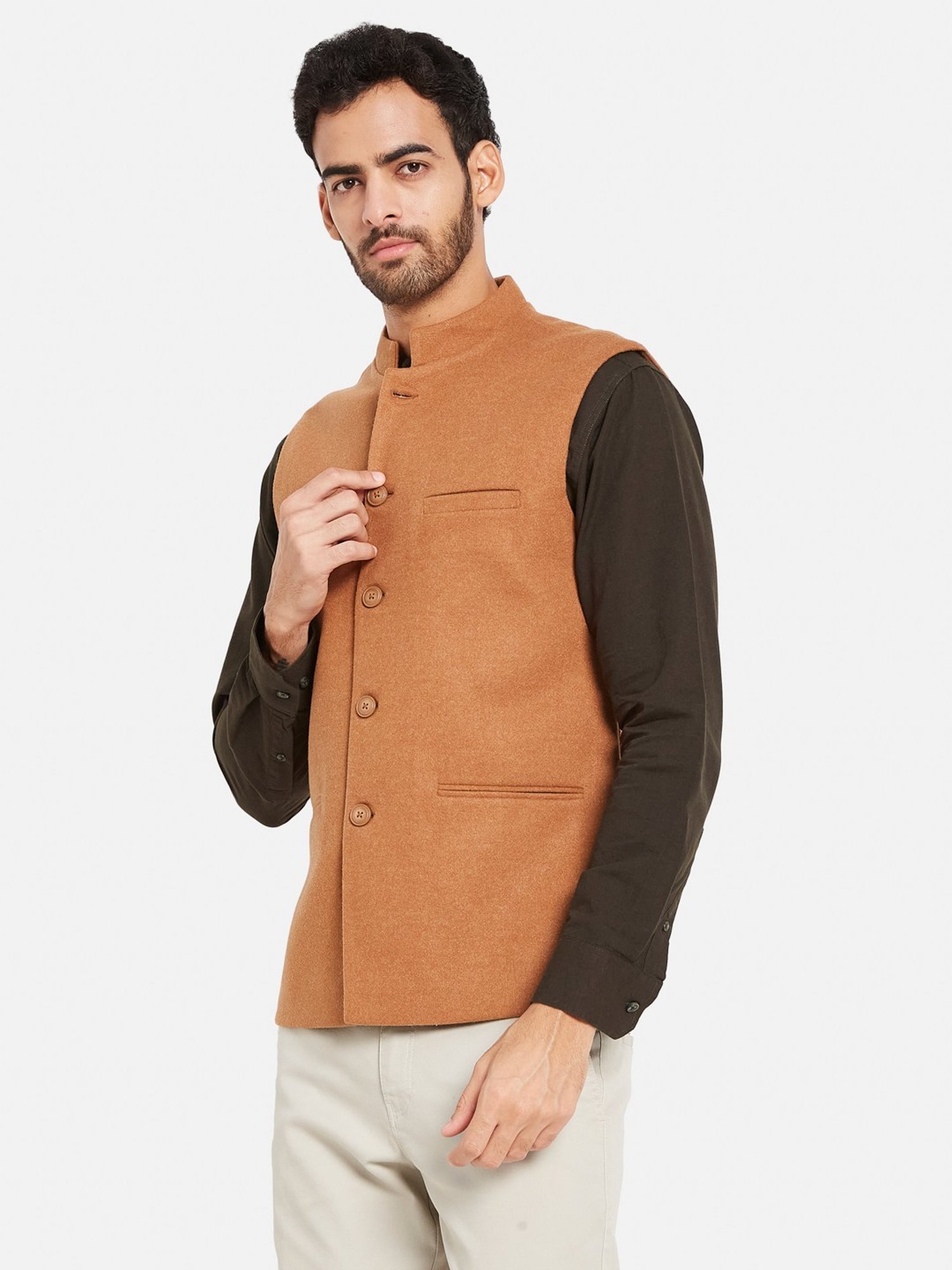 METTLE Tan Cotton Linen Regular Fit Nehru Jacket