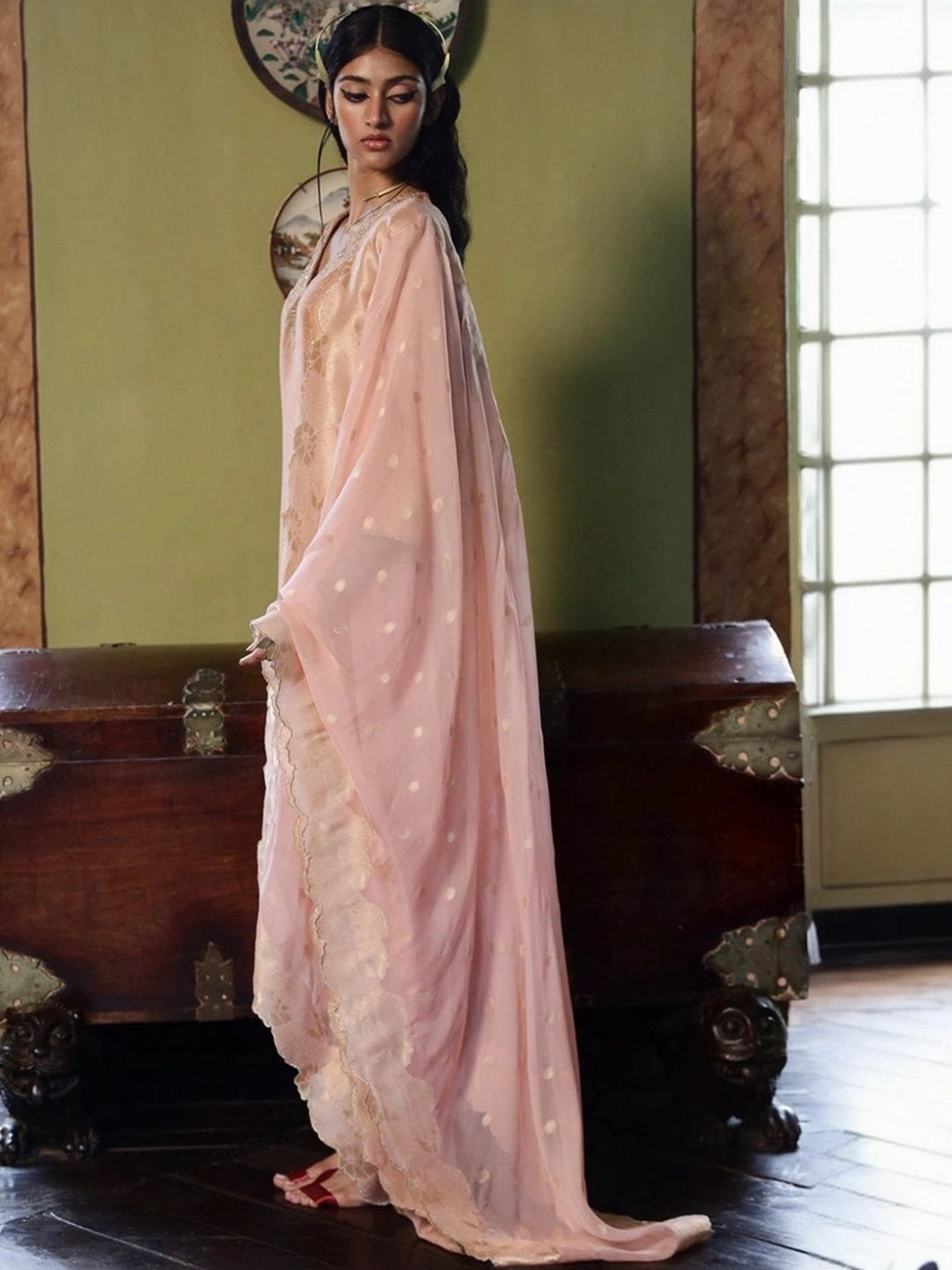 Ganga Fashions Apricot Blush Woven Kurta with Salwar and Dupatta